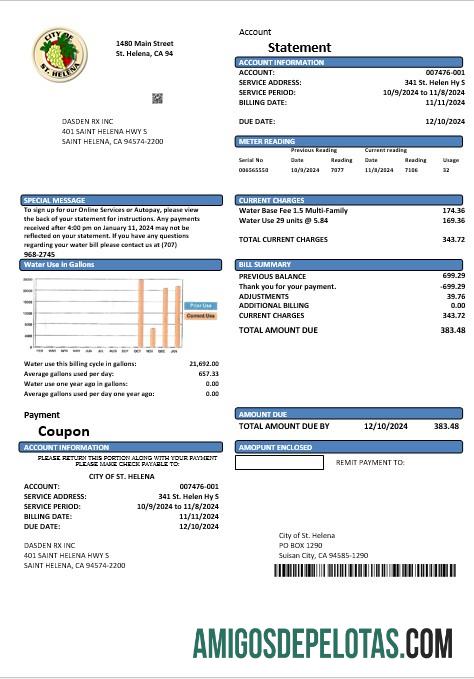 realista Modelo de conta de serviços públicos, EUA, Califórnia, cidade de Santa Helena, em formatos Word e PDF